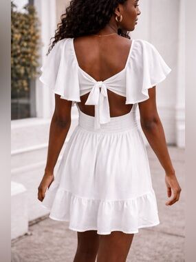 White Open Back Tie Mini Dress | Flowy Ruffle Hem | Boho Cottagecore